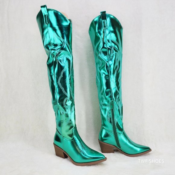 Country Disco Cowboy Metallic Green Western Cowgirl OTK Thigh Boots New - Picture 12 of 15